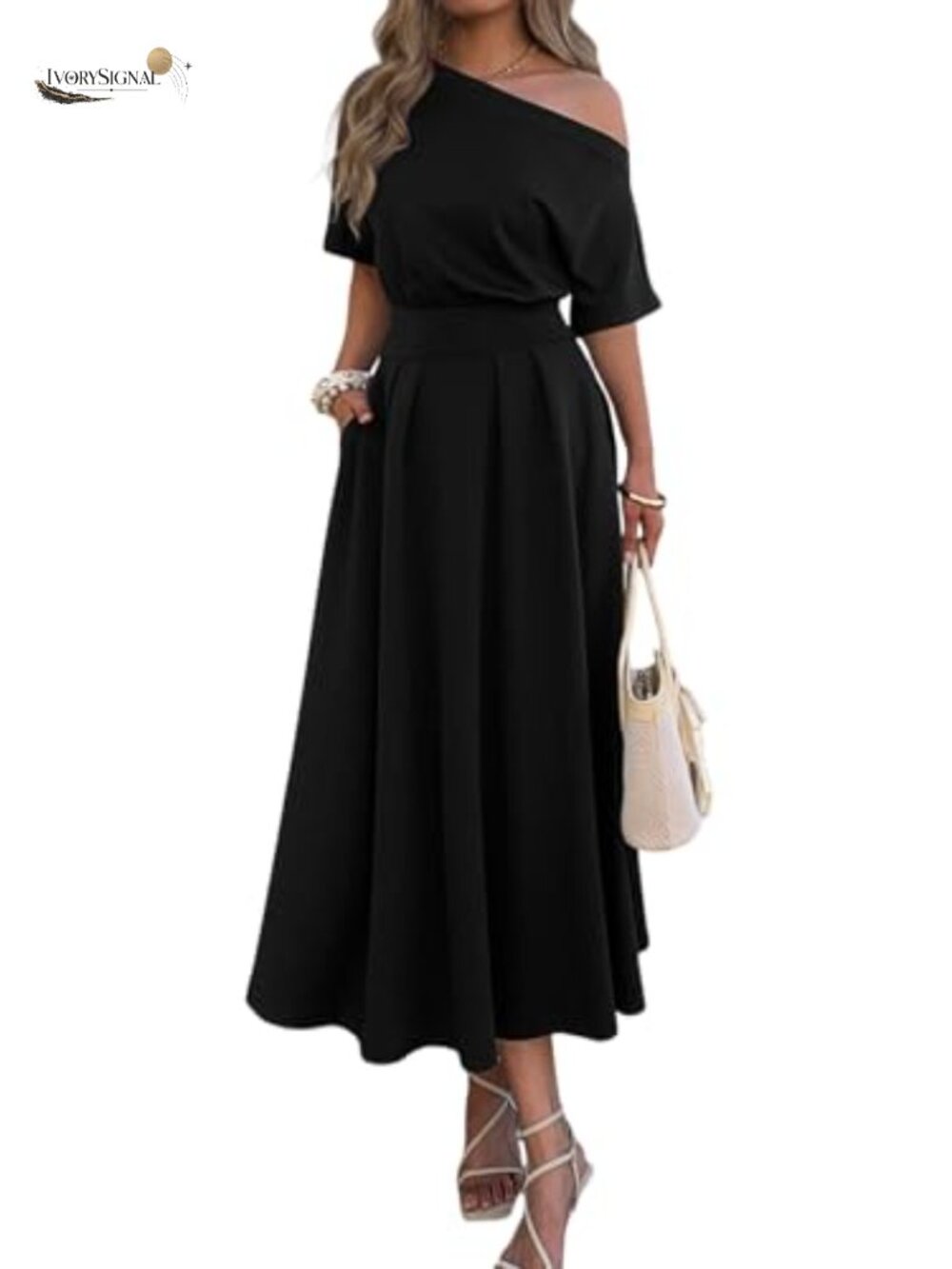 Empire Waist One Shoulder Maxi Dress with Pockets Pleated A-Line